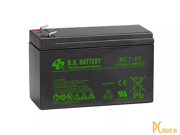 Источник бесперебойного питания аккумулятор BB Battery BPS7-12, AGM, 12 В, 7 А·ч, макс. ток 105 А, клеммы T2, 151x65x93 мм, 2.54 кг